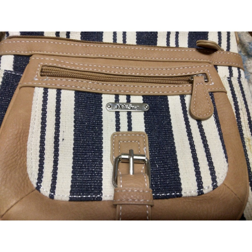 Multi Sac Blue Cream Striped Canvas Faux Leather Crossbody Bag Purse Adj Strap